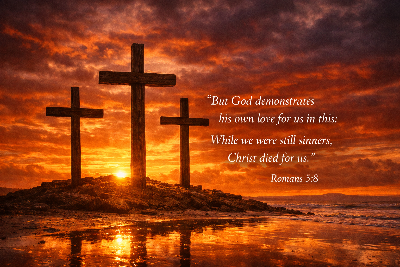 Romans 5:8 Bible verse wallpaper - God demonstrates his own love Christ died for us - three wooden crosses on shoreline at golden sunset with water reflections